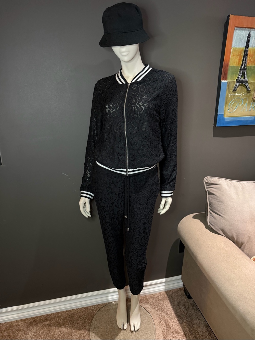 Guess brand black lace bomber jacket ( size L) and jogger pants(size M) set